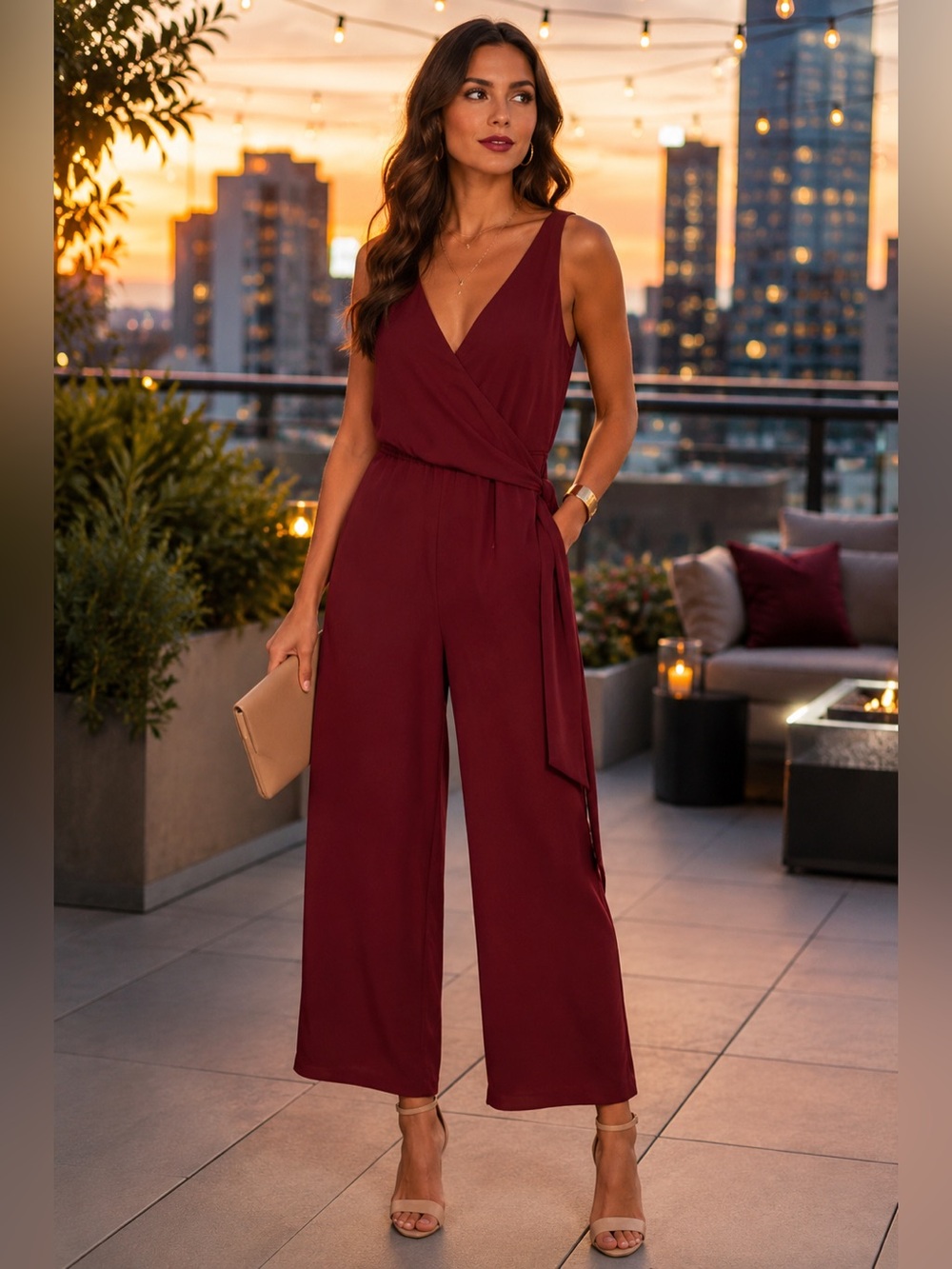 Lulus Burgundy Faux Wrap Sleeveless Wide Leg Jumpsuit M NWT Cocktail Wedding